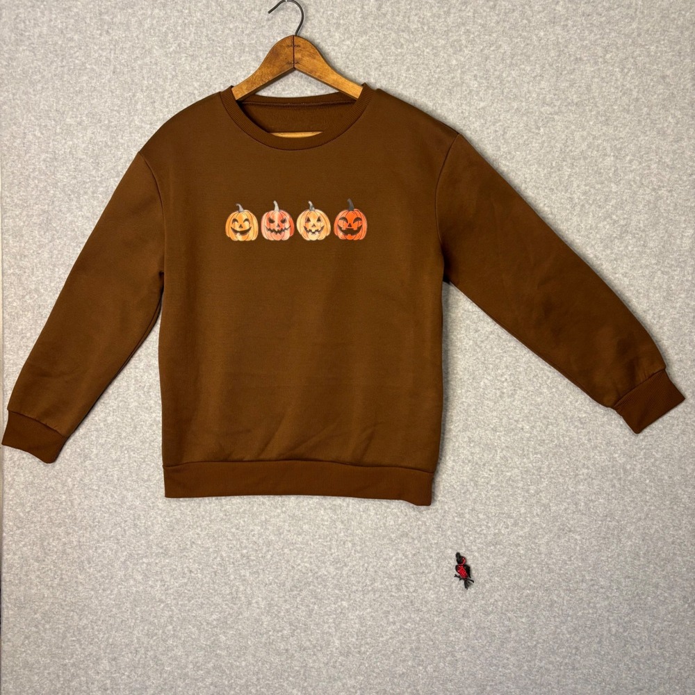 Shein Women's Medium Halloween Pumpkin Sweatshirt Brown Crew Neck Jack o Lantern